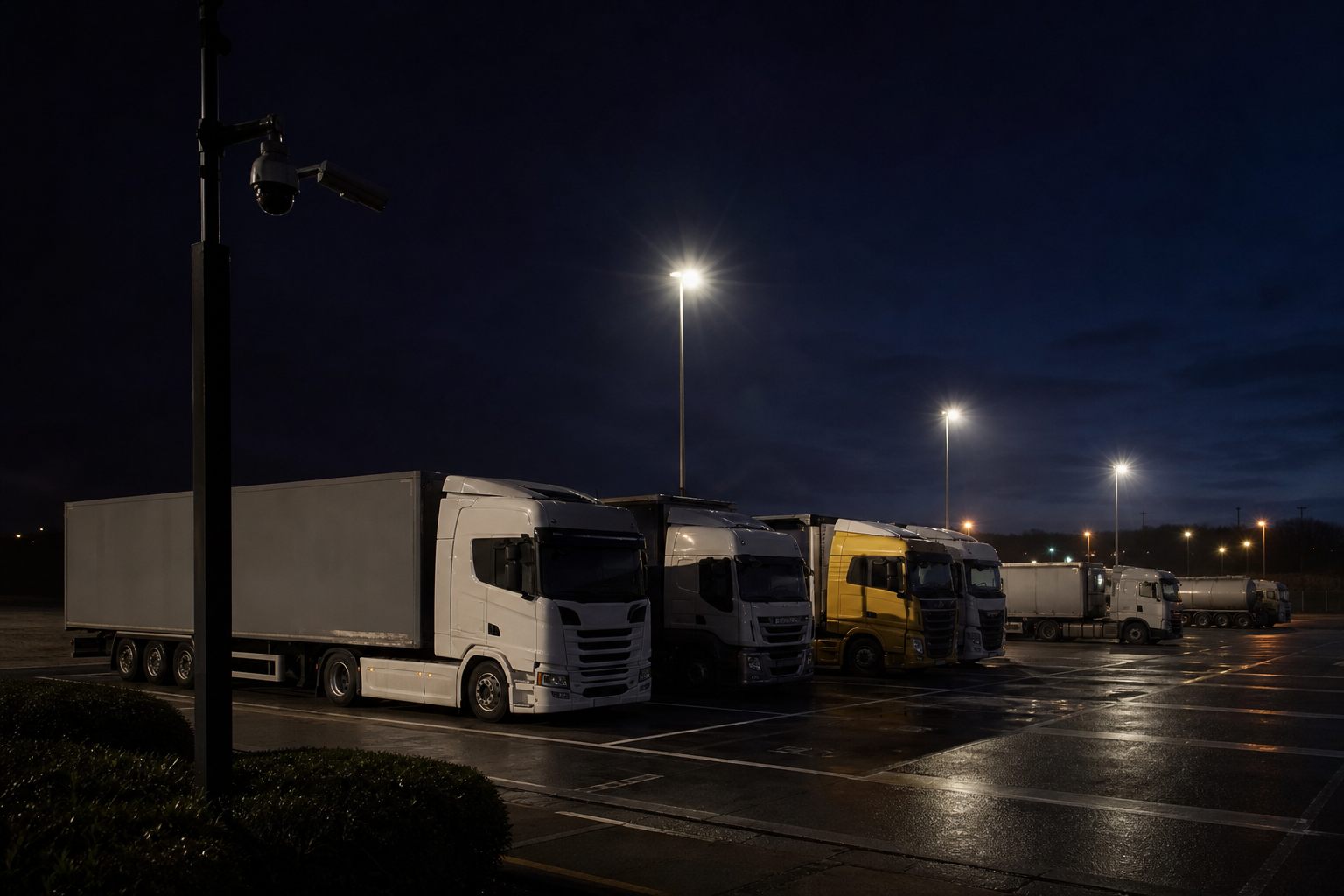Secure HGV parking at a lit UK truck stop at night