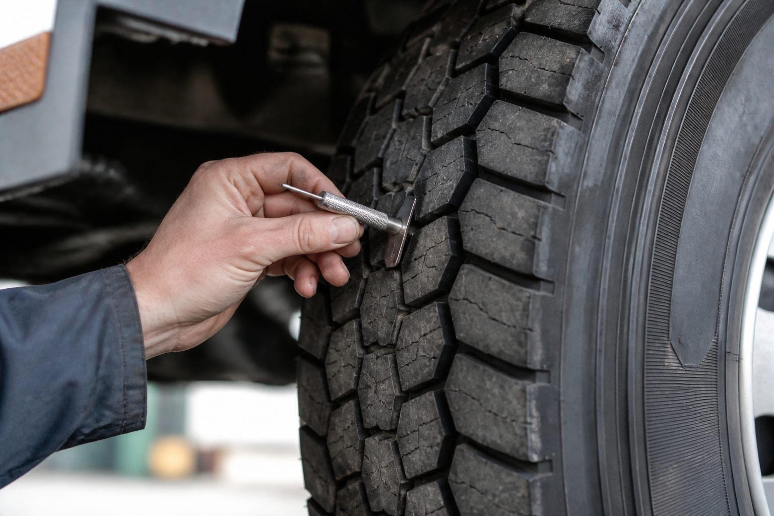 Measuring HGV tyre tread depth with a gauge