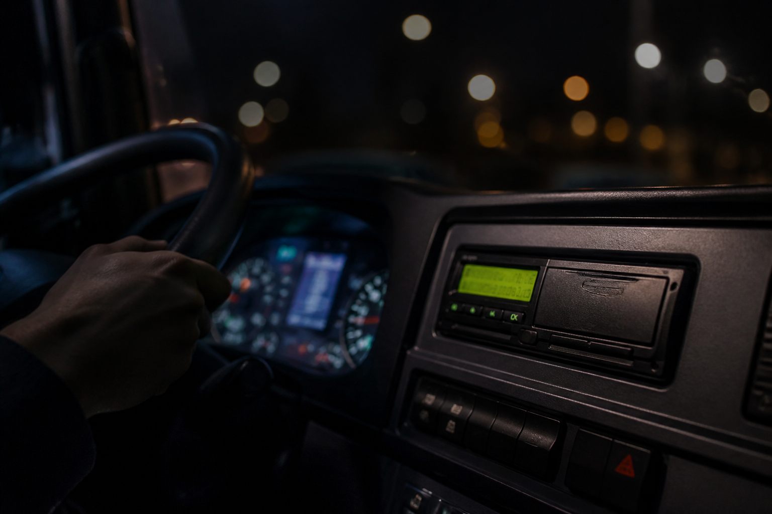 Tachograph display in HGV cab at night
