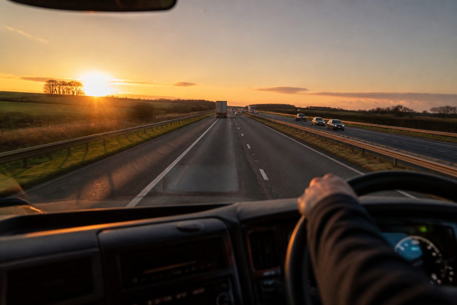 HGV view of UK motorway during long driving day