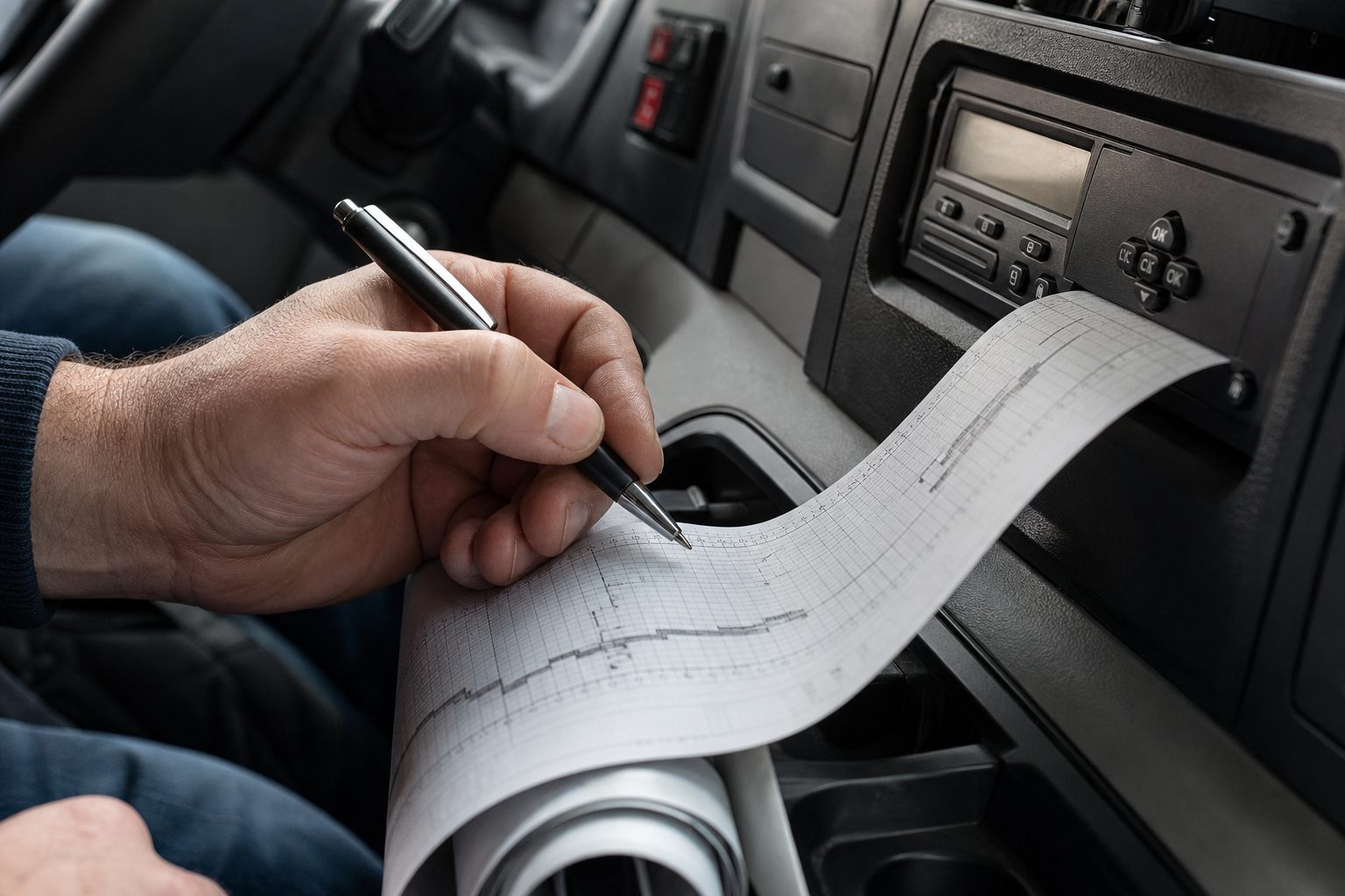 Driver writing a tachograph manual entry note