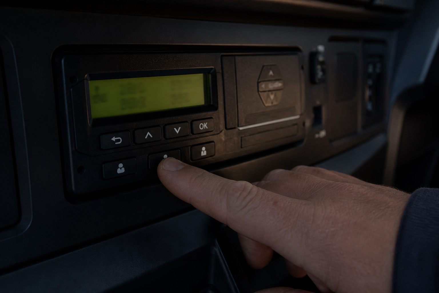 Digital tachograph activity mode controls in HGV cab