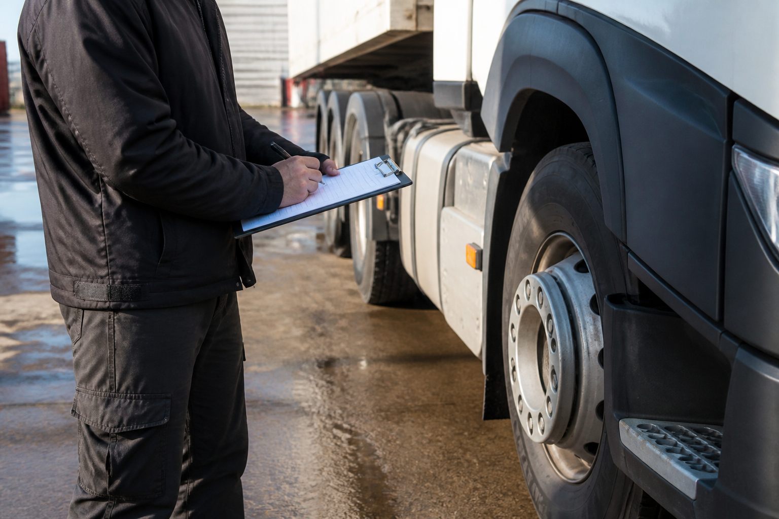 HGV driver completing a vehicle defect report