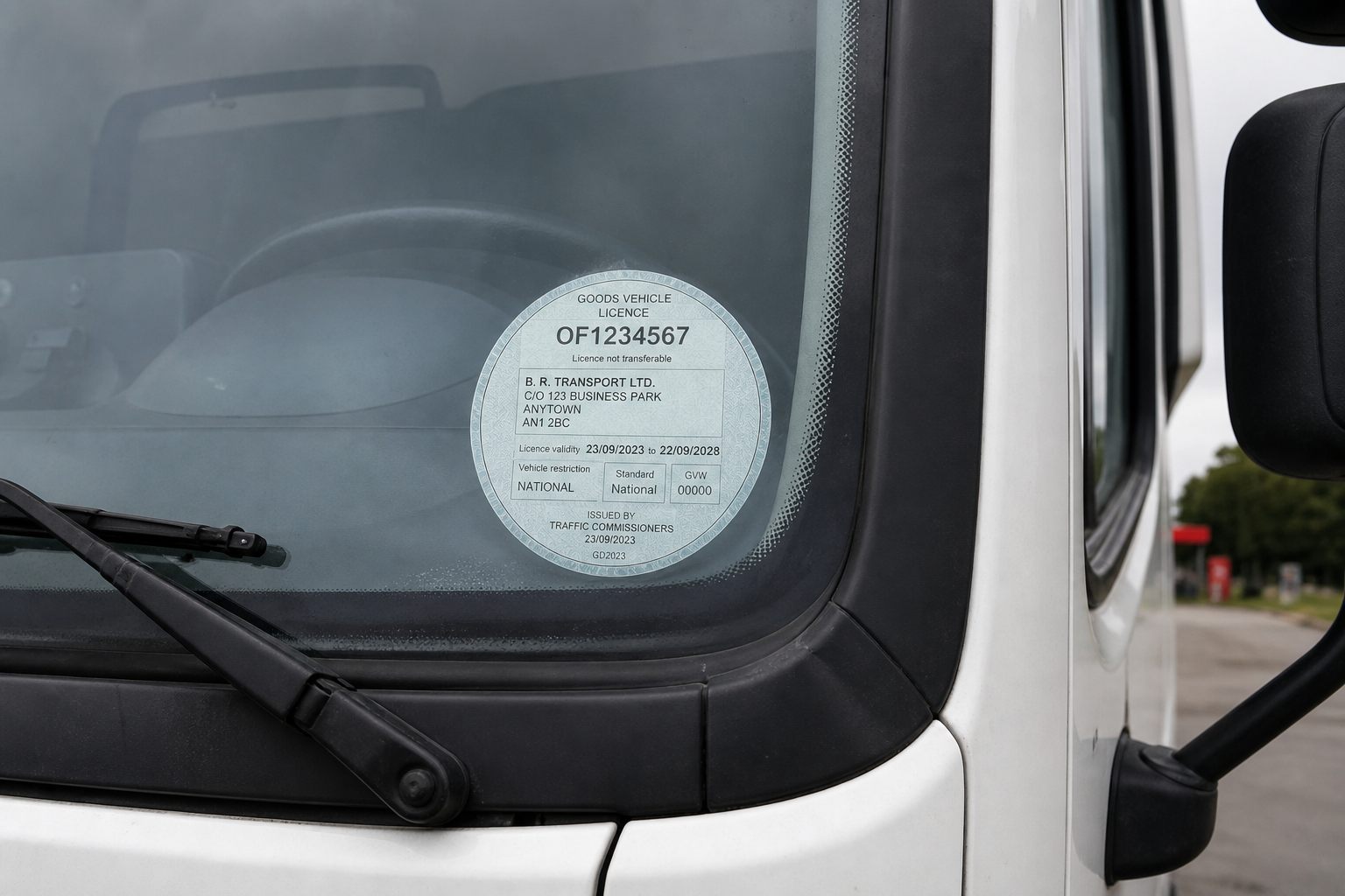 Operator licence disc displayed in an HGV windscreen