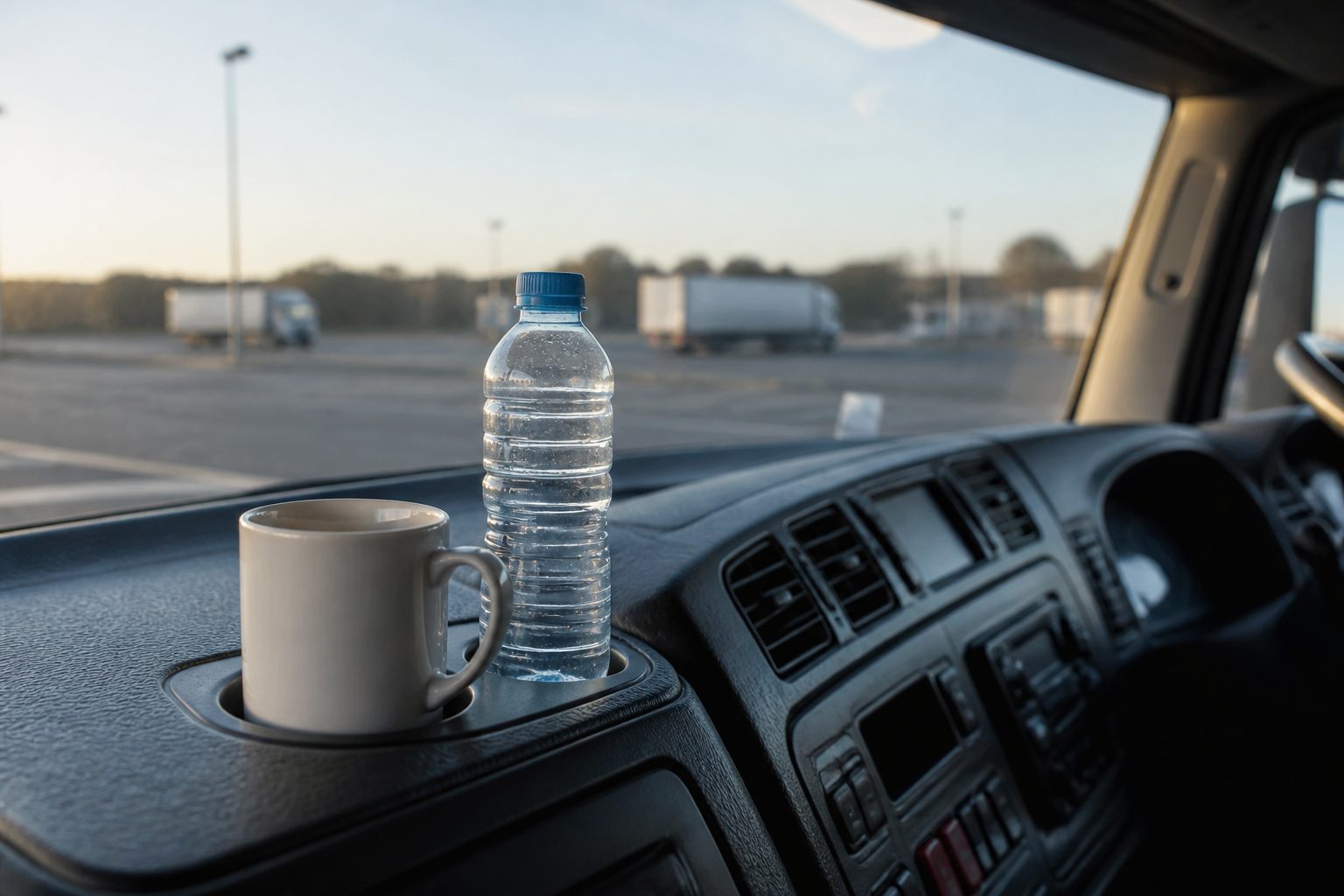 Coffee cup in an HGV cab emphasising sober professional driving